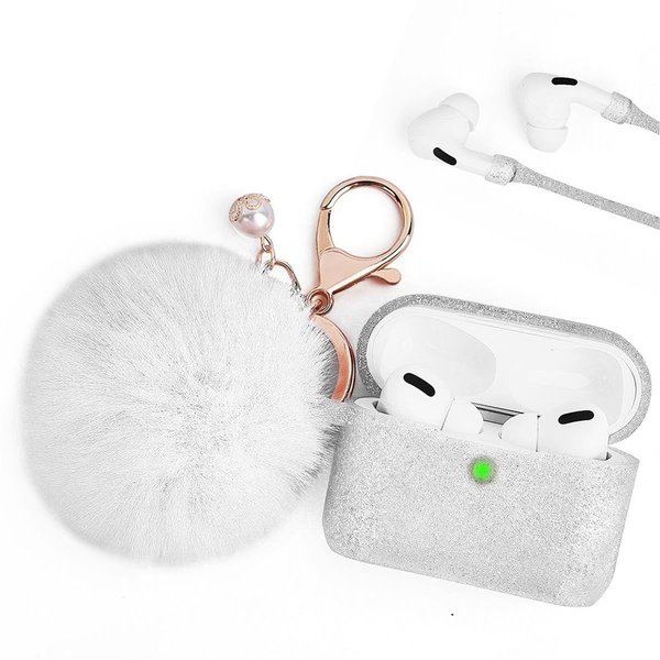 Iphone iPhone CAAPR-FURB-WT Furbulous Collection 3 in 1 Thick Silicone TPU Case with Fur Ball Ornament Key Chain & Strap for Airpods Pro - Ivory White Glitter CAAPR-FURB-WT